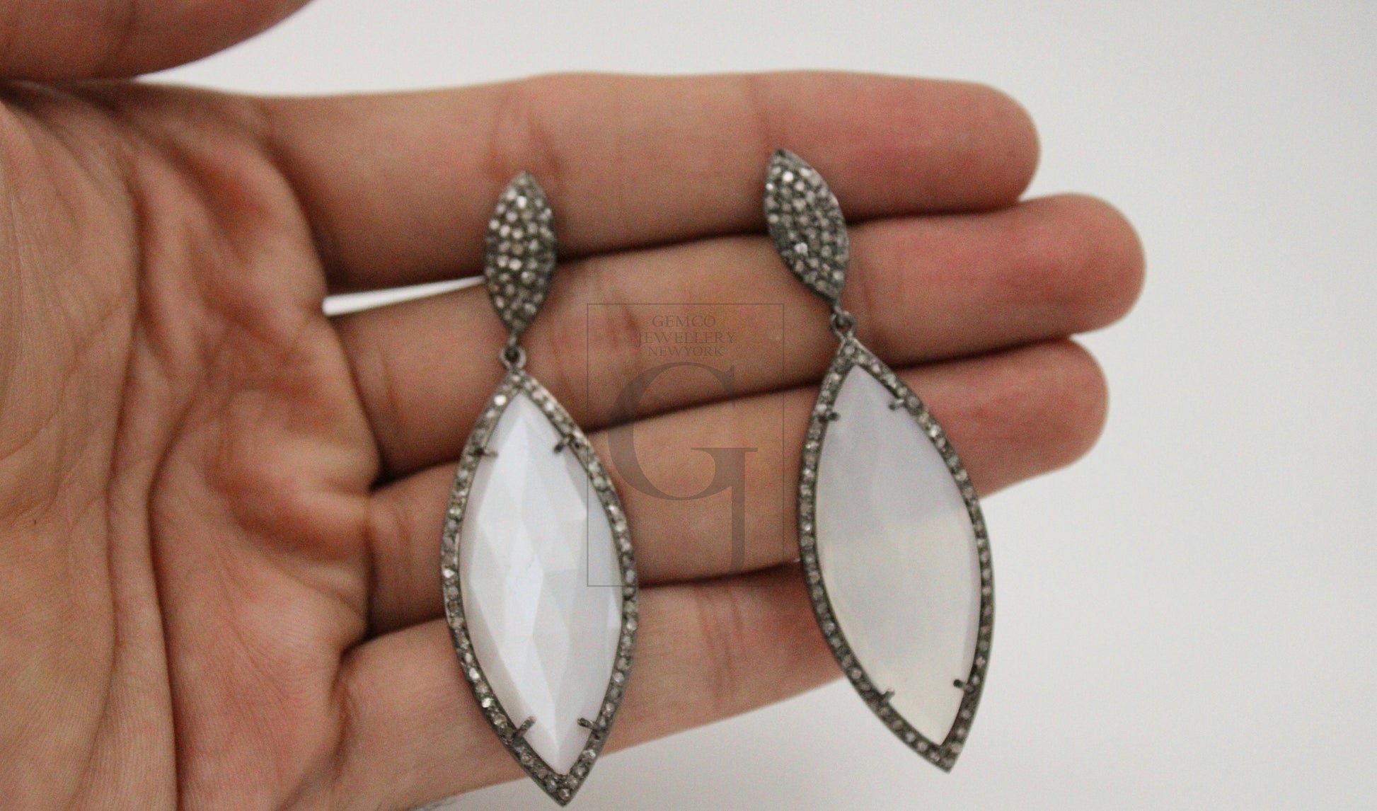 Beautiful Designer Moonstone Designer Rosecut Pave Diamond Earrings 925 Sterling Silver Handmade Silver Finish Diamond Earrings