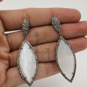 Beautiful Designer Moonstone Designer Rosecut Pave Diamond Earrings 925 Sterling Silver Handmade Silver Finish Diamond Earrings