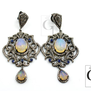 Natural opal with blue sapphire very high quality brilliant Rosecut pave diamond earrings 925 sterling silver finish opal diamond earrings