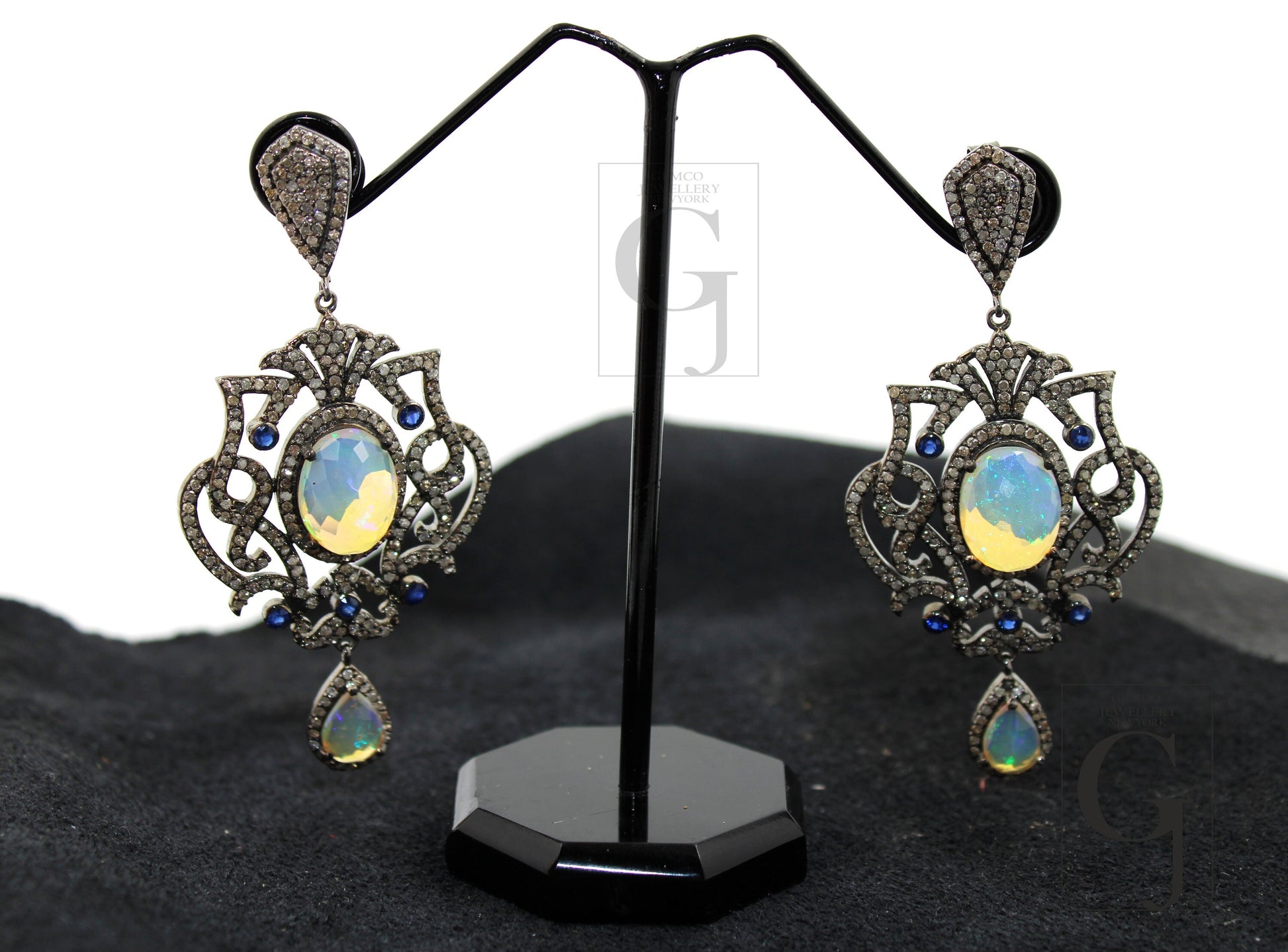 Natural opal with blue sapphire very high quality brilliant Rosecut pave diamond earrings 925 sterling silver finish opal diamond earrings