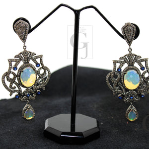 Natural opal with blue sapphire very high quality brilliant Rosecut pave diamond earrings 925 sterling silver finish opal diamond earrings