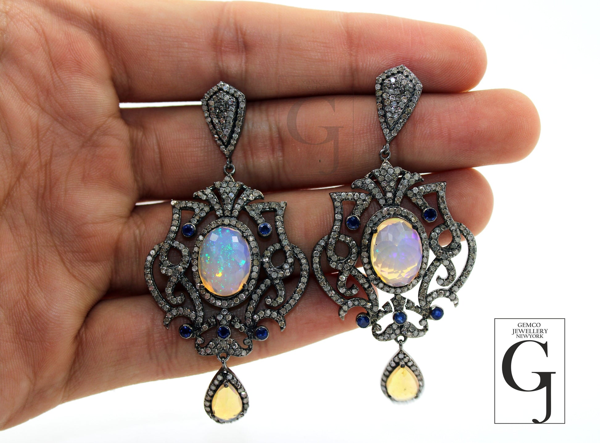 Natural opal with blue sapphire very high quality brilliant Rosecut pave diamond earrings 925 sterling silver finish opal diamond earrings