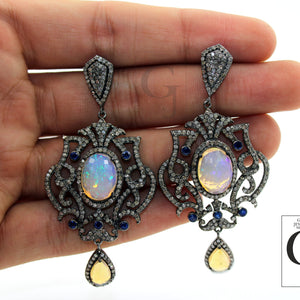 Natural opal with blue sapphire very high quality brilliant Rosecut pave diamond earrings 925 sterling silver finish opal diamond earrings