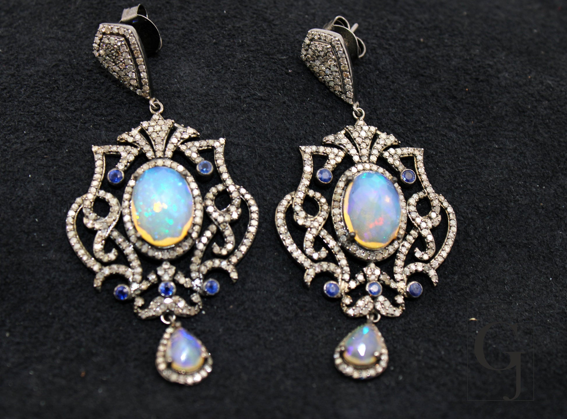 Natural opal with blue sapphire very high quality brilliant Rosecut pave diamond earrings 925 sterling silver finish opal diamond earrings