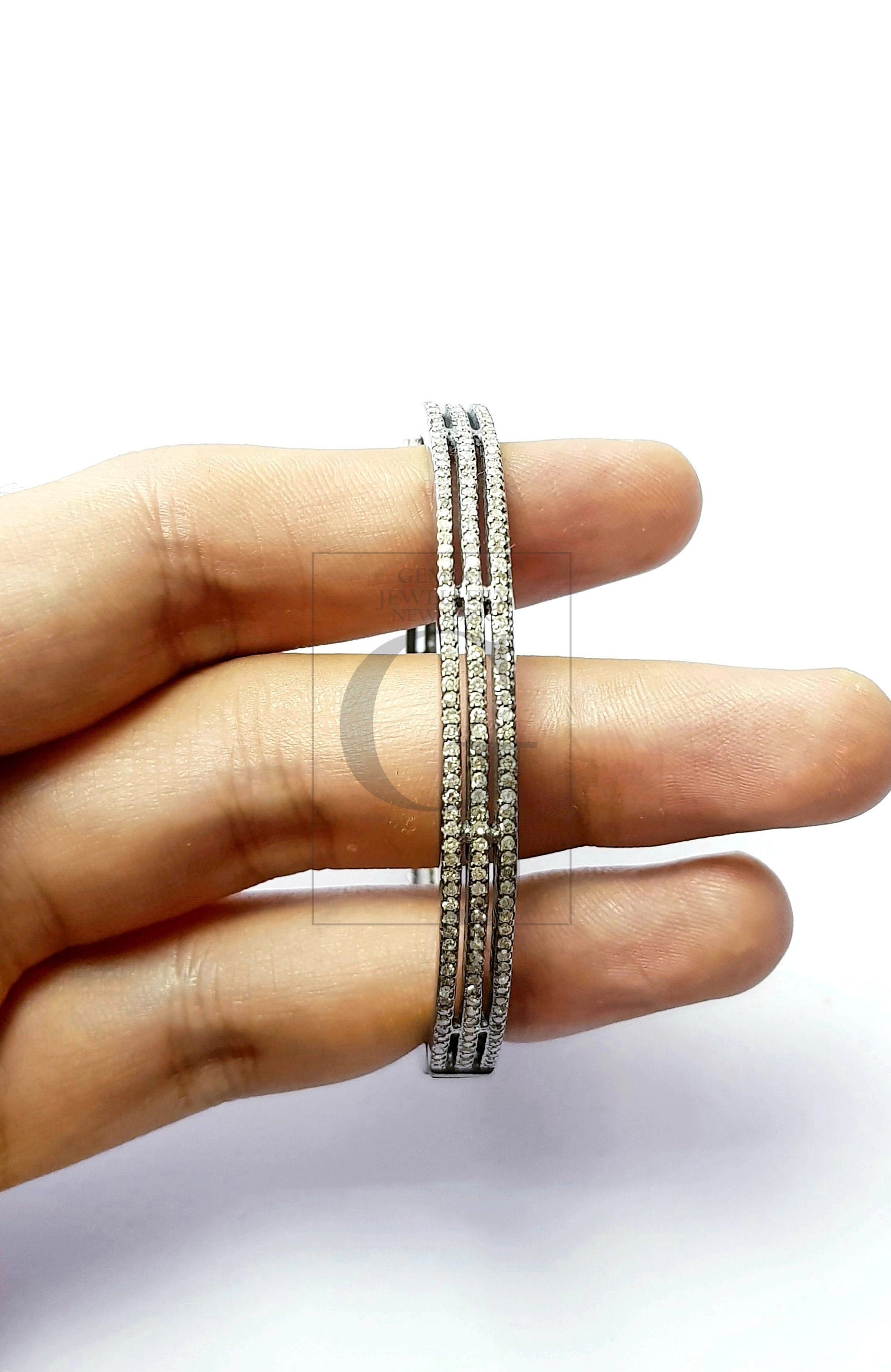 Beautiful Designer Rosecut Pave Diamond Bangle 925 Sterling Silver Handmade Finish 3 Line Diamond Bangle Bracelet