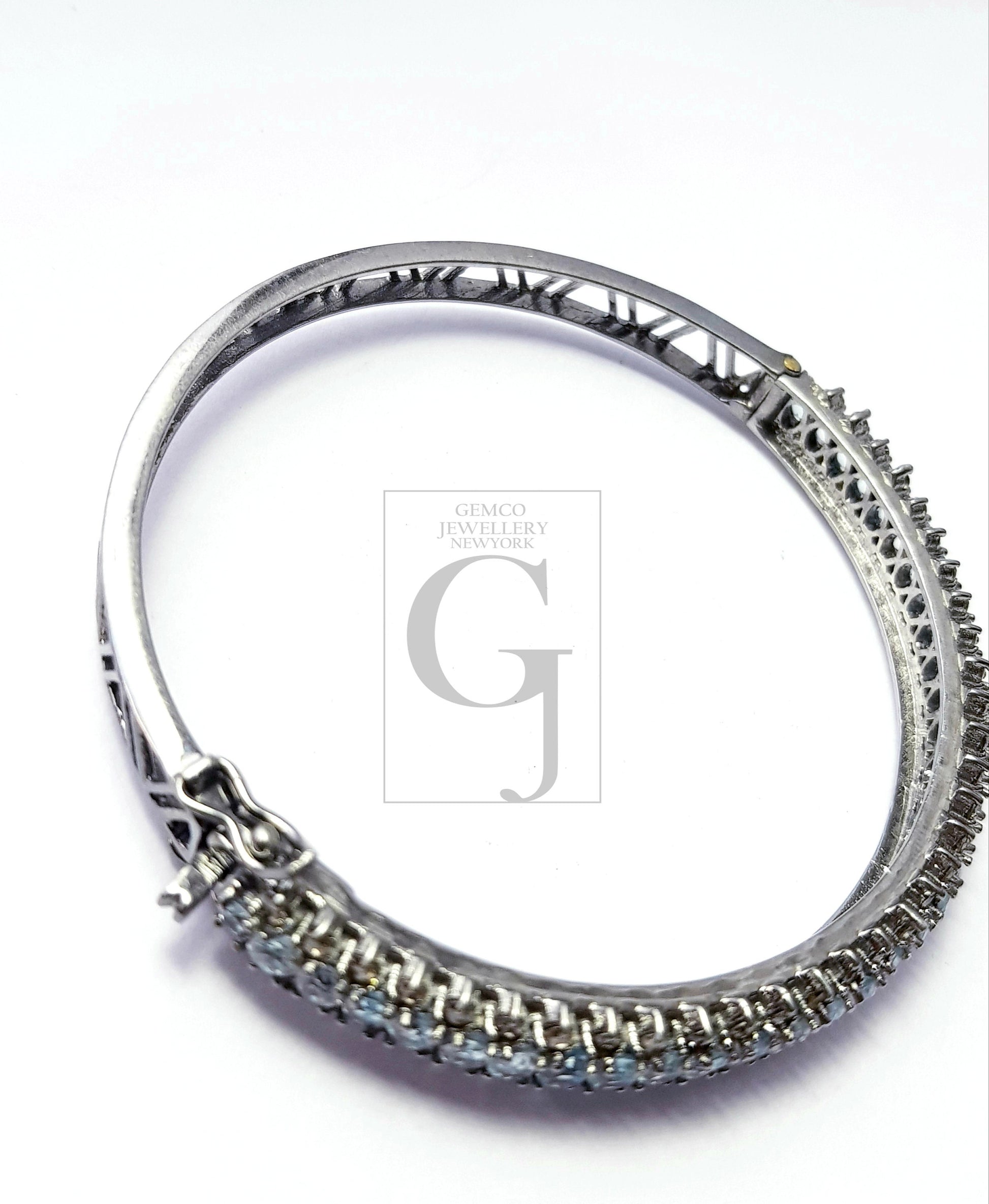 Rocecut pave diamond bangle 925 sterling silver handmade finish latest design diamond with natural blue topaz  stone bangle