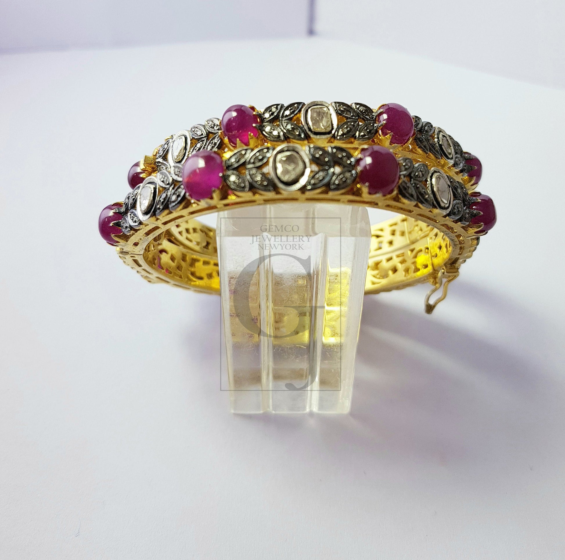 Indian Style Vermail Gold Ruby Bangle Rosecut Pave Diamond Bangle Bracelet 925 Sterling Silver Handmade Finish Diamond Bangle Bracelet