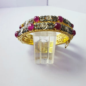 Indian Style Vermail Gold Ruby Bangle Rosecut Pave Diamond Bangle Bracelet 925 Sterling Silver Handmade Finish Diamond Bangle Bracelet