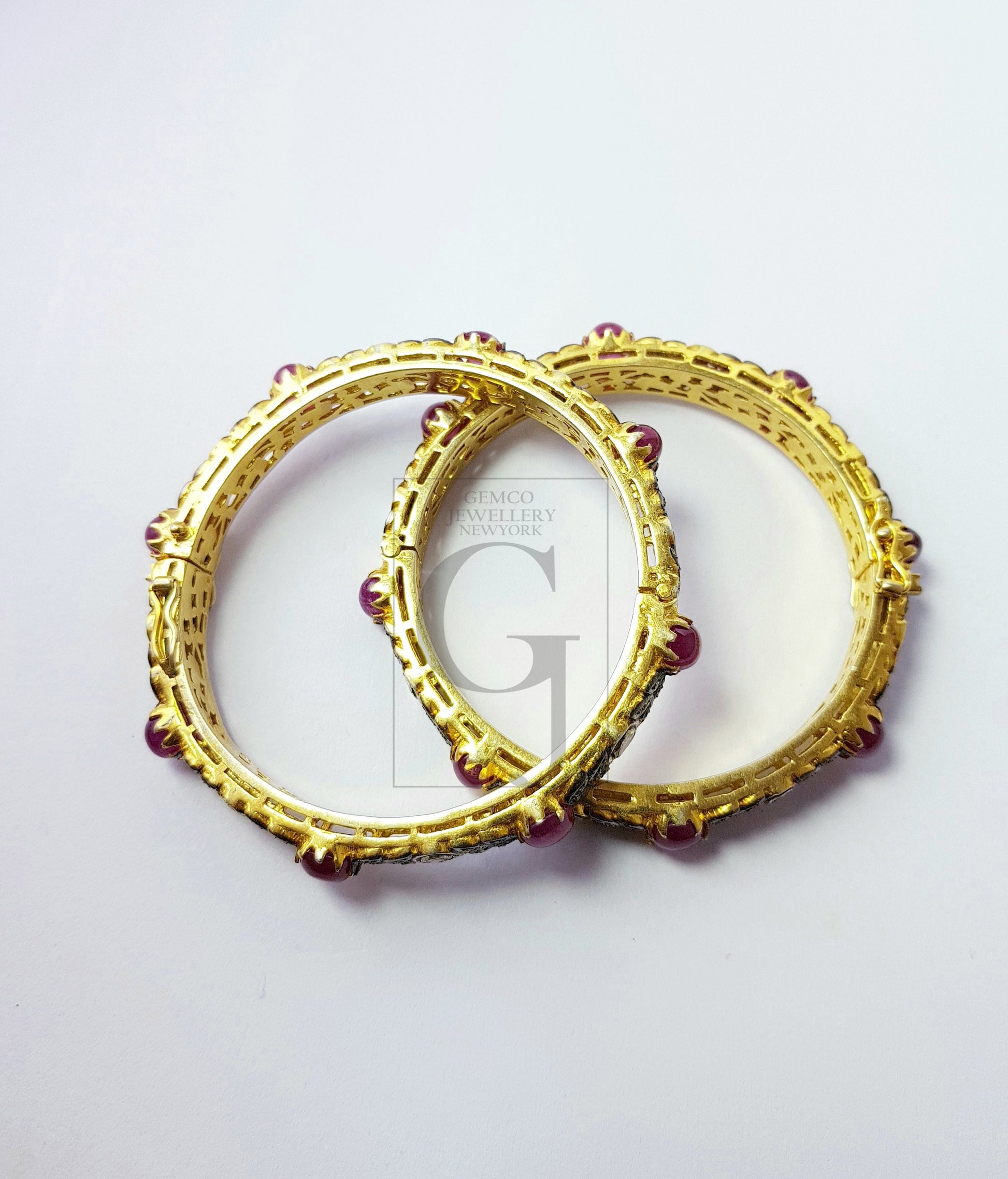 Indian Style Vermail Gold Ruby Bangle Rosecut Pave Diamond Bangle Bracelet 925 Sterling Silver Handmade Finish Diamond Bangle Bracelet