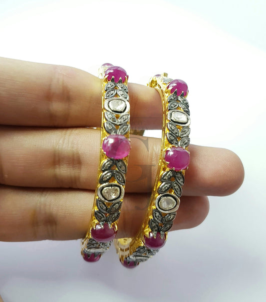 Indian Style Vermail Gold Ruby Bangle Rosecut Pave Diamond Bangle Bracelet 925 Sterling Silver Handmade Finish Diamond Bangle Bracelet