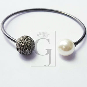 Very beautiful  Rosecut pave diamond bangle 925 sterling silver handmade finish pearl and diamond bangle bracelet