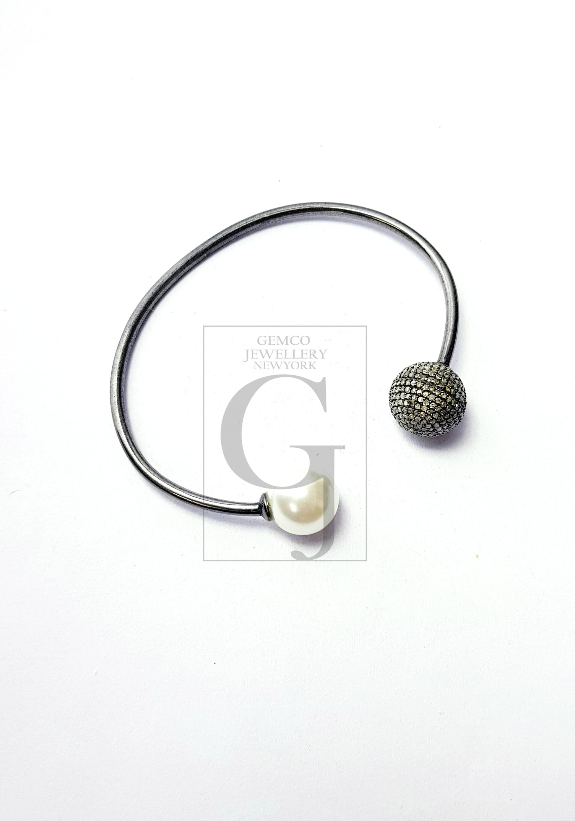 Very beautiful  Rosecut pave diamond bangle 925 sterling silver handmade finish pearl and diamond bangle bracelet