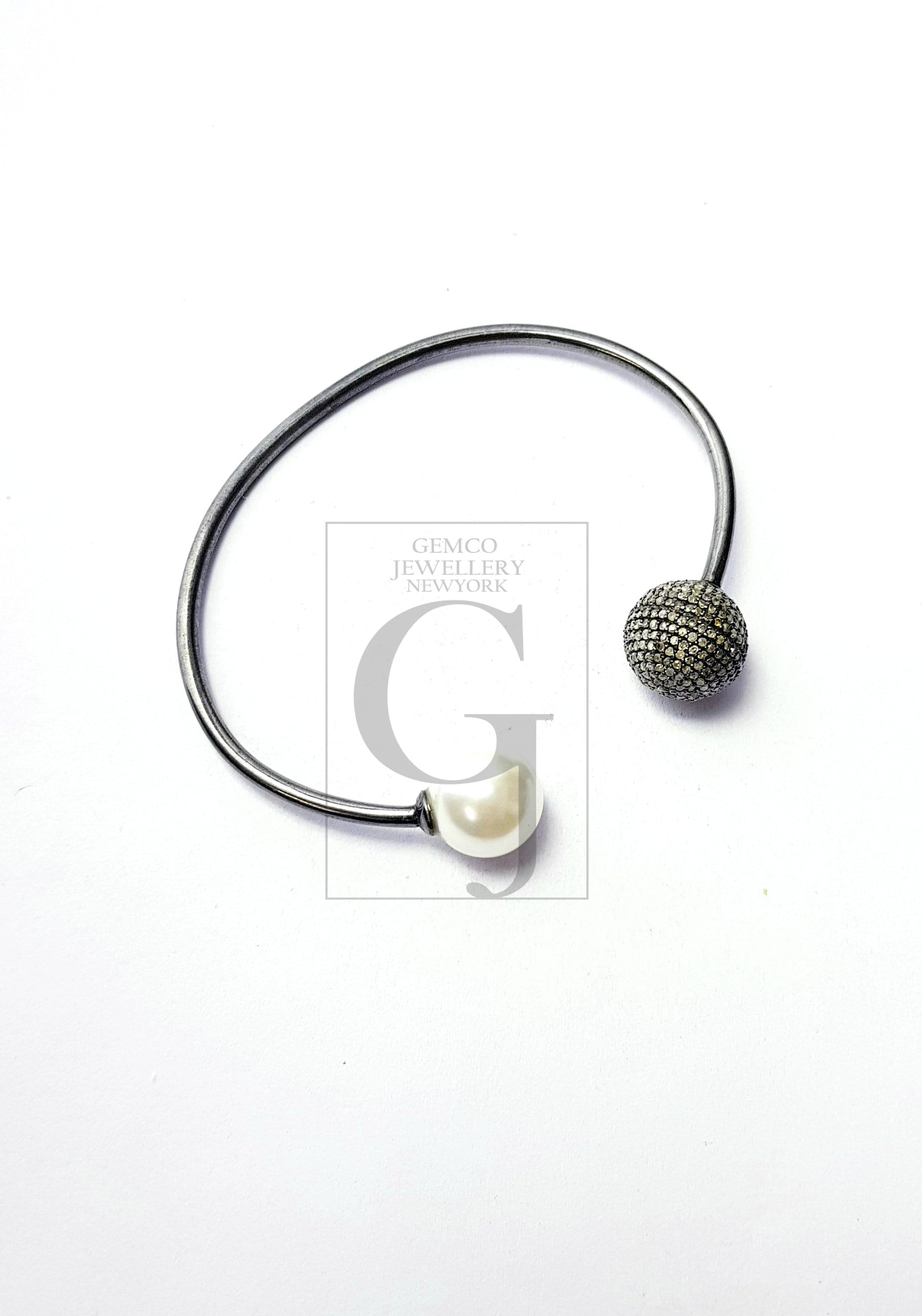 Very beautiful  Rosecut pave diamond bangle 925 sterling silver handmade finish pearl and diamond bangle bracelet
