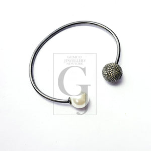 Very beautiful  Rosecut pave diamond bangle 925 sterling silver handmade finish pearl and diamond bangle bracelet