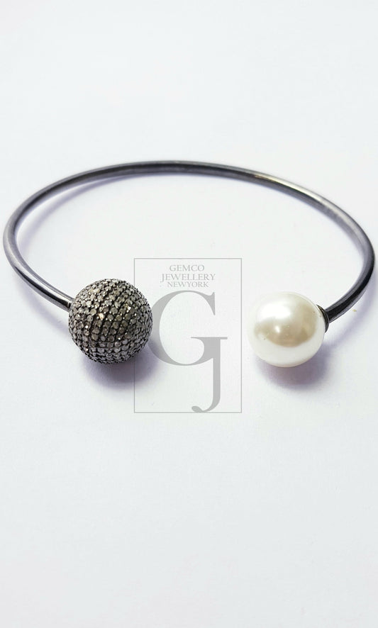 Very beautiful  Rosecut pave diamond bangle 925 sterling silver handmade finish pearl and diamond bangle bracelet