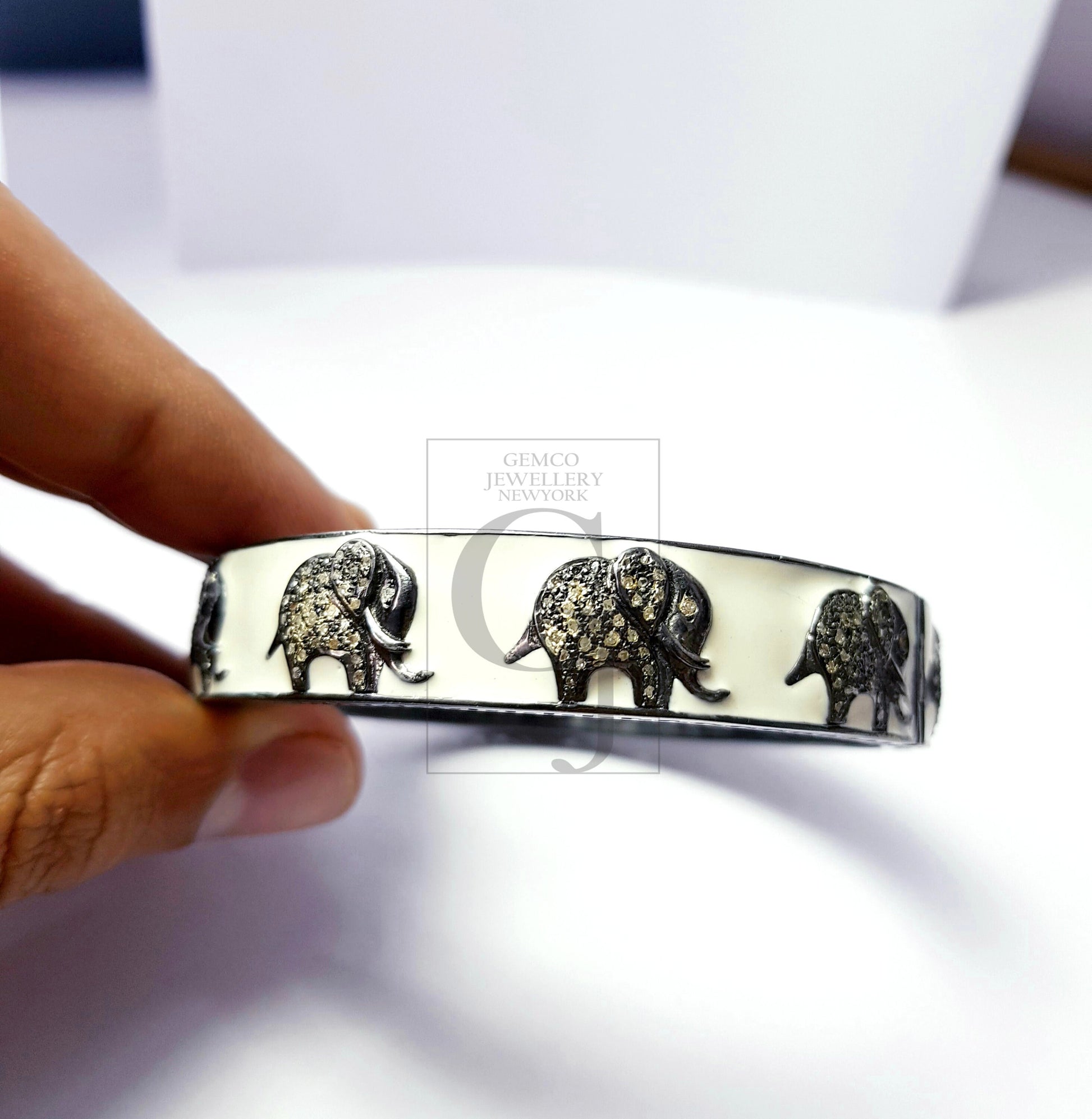 Pave diamond bangle 925 sterling silver handmade diamond enameling elephant design diamond bangle fine diamond bangle fashion jewelry