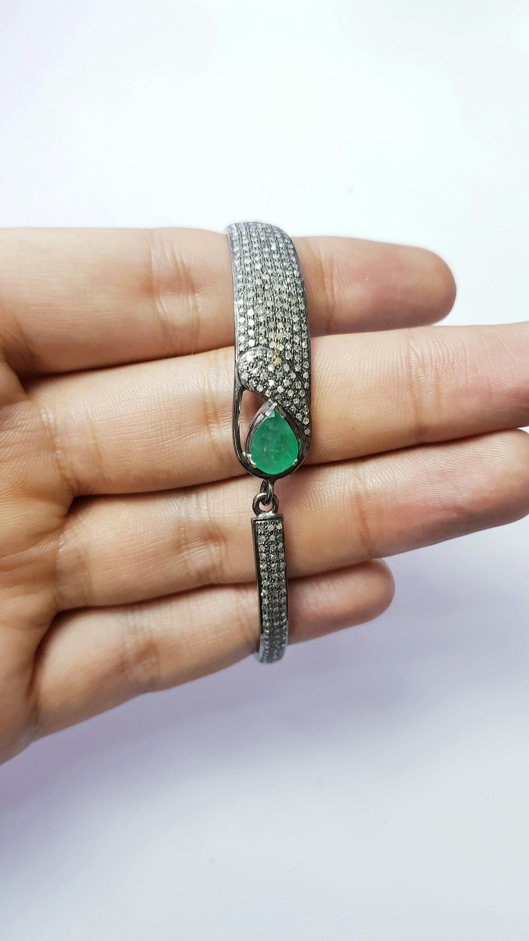 Rocecut pave diamond bangle 925 sterling silver handmade finish beautiful tear drop emerald stone diamond bangle