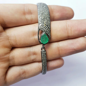 Rocecut pave diamond bangle 925 sterling silver handmade finish beautiful tear drop emerald stone diamond bangle