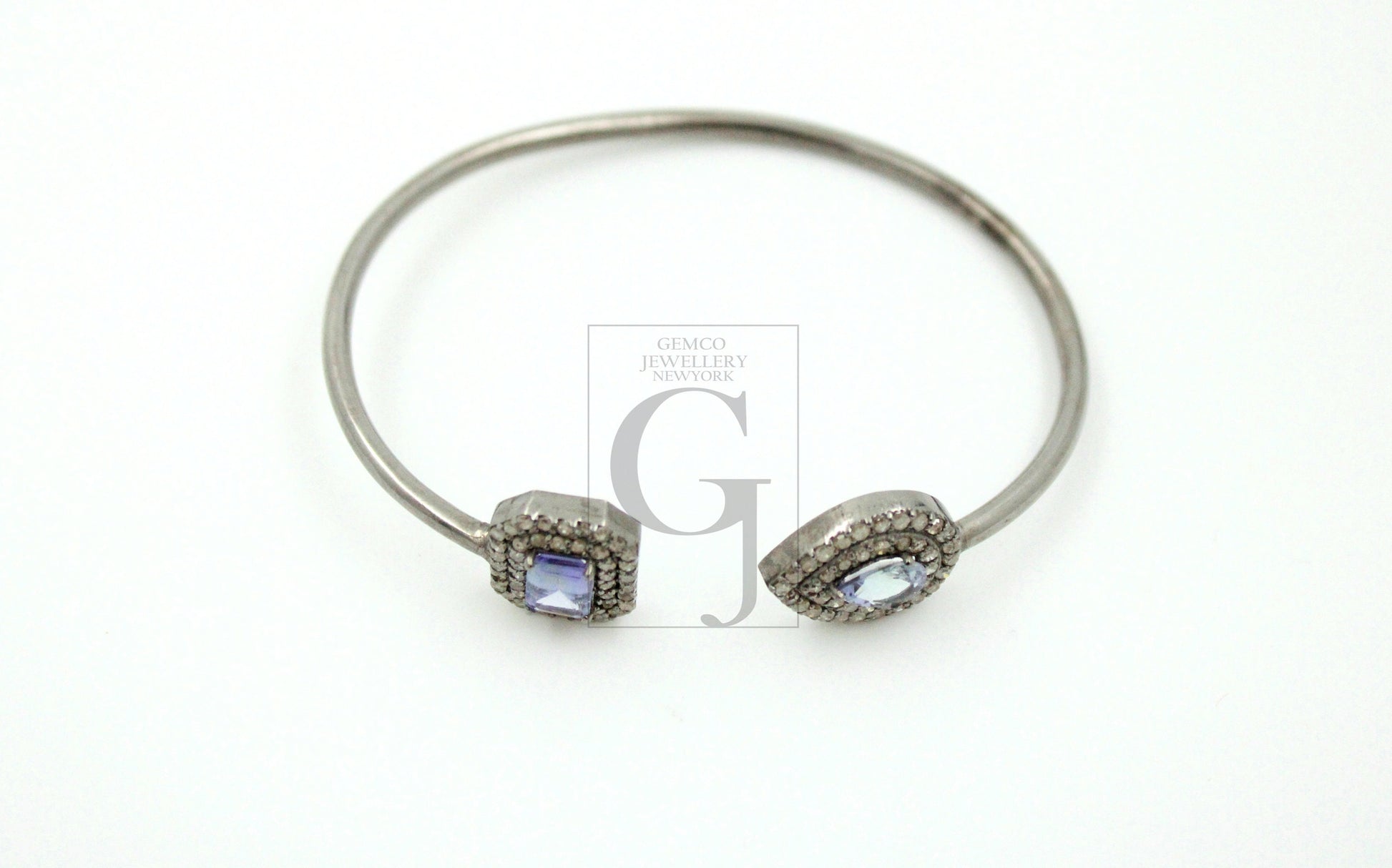 Very Beautiful Designer Tanzanite Rosecut Pave Diamond Bangle Bracelet 925 Sterling Silver Handmade Finish Diamond Bangle Bracelet