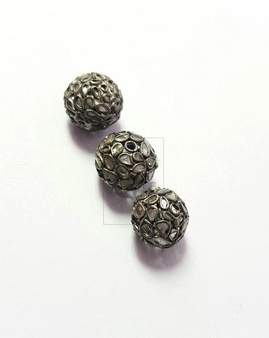 Flat Diamond Antique Look Polki Design Rosecut Pave Diamond Bead Spacers 925 Sterling Silver Handmade Silver Finish Diamond Bead 11-12mm