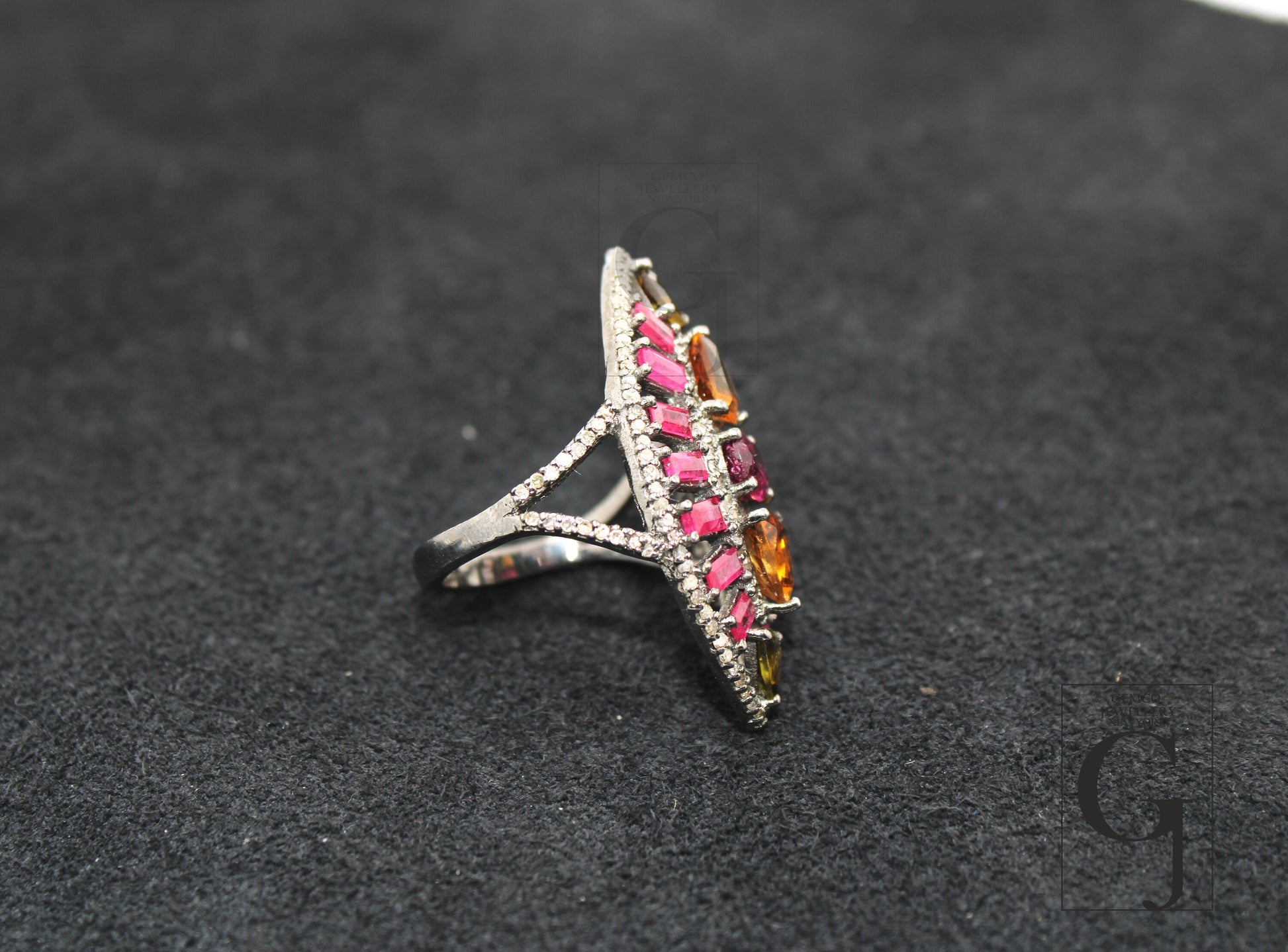 Beautiful Multi Tourmaline Marquise Designer Rosecut Pave Diamond Rings 925 Sterling Silver Handmade Silver Finish Diamond Cocktail Ring