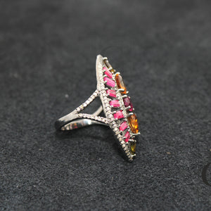 Beautiful Multi Tourmaline Marquise Designer Rosecut Pave Diamond Rings 925 Sterling Silver Handmade Silver Finish Diamond Cocktail Ring