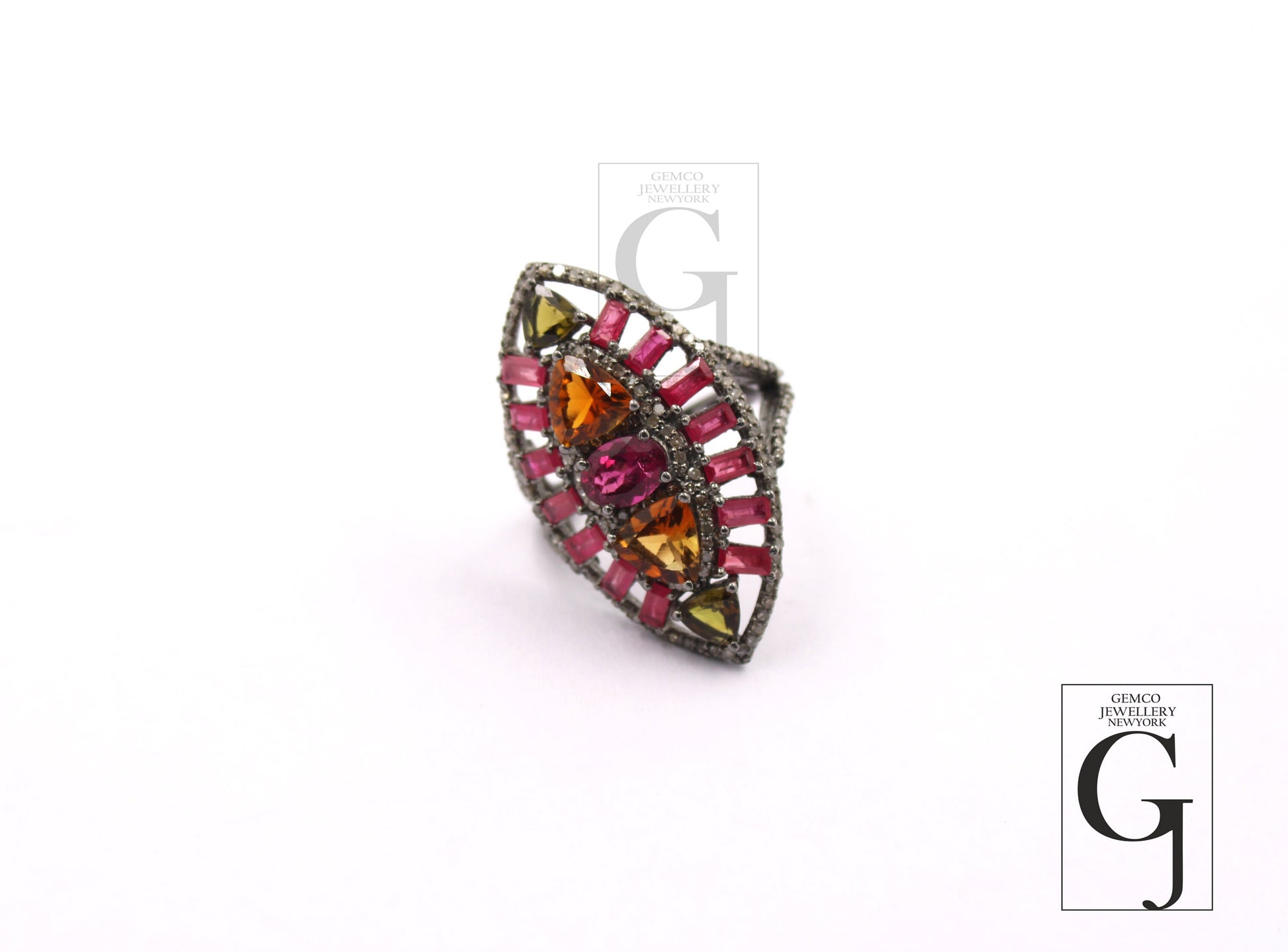 Beautiful Multi Tourmaline Marquise Designer Rosecut Pave Diamond Rings 925 Sterling Silver Handmade Silver Finish Diamond Cocktail Ring