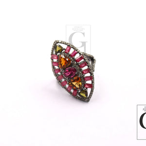 Beautiful Multi Tourmaline Marquise Designer Rosecut Pave Diamond Rings 925 Sterling Silver Handmade Silver Finish Diamond Cocktail Ring