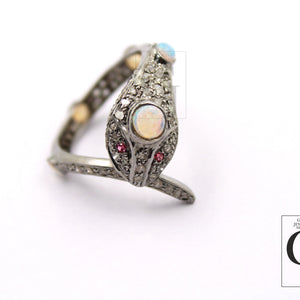 Snake Designer Ring, Opal Ring, Rosecut Pave Diamond Rings 925 Sterling Silver Handmade Silver Finish Diamond Ring