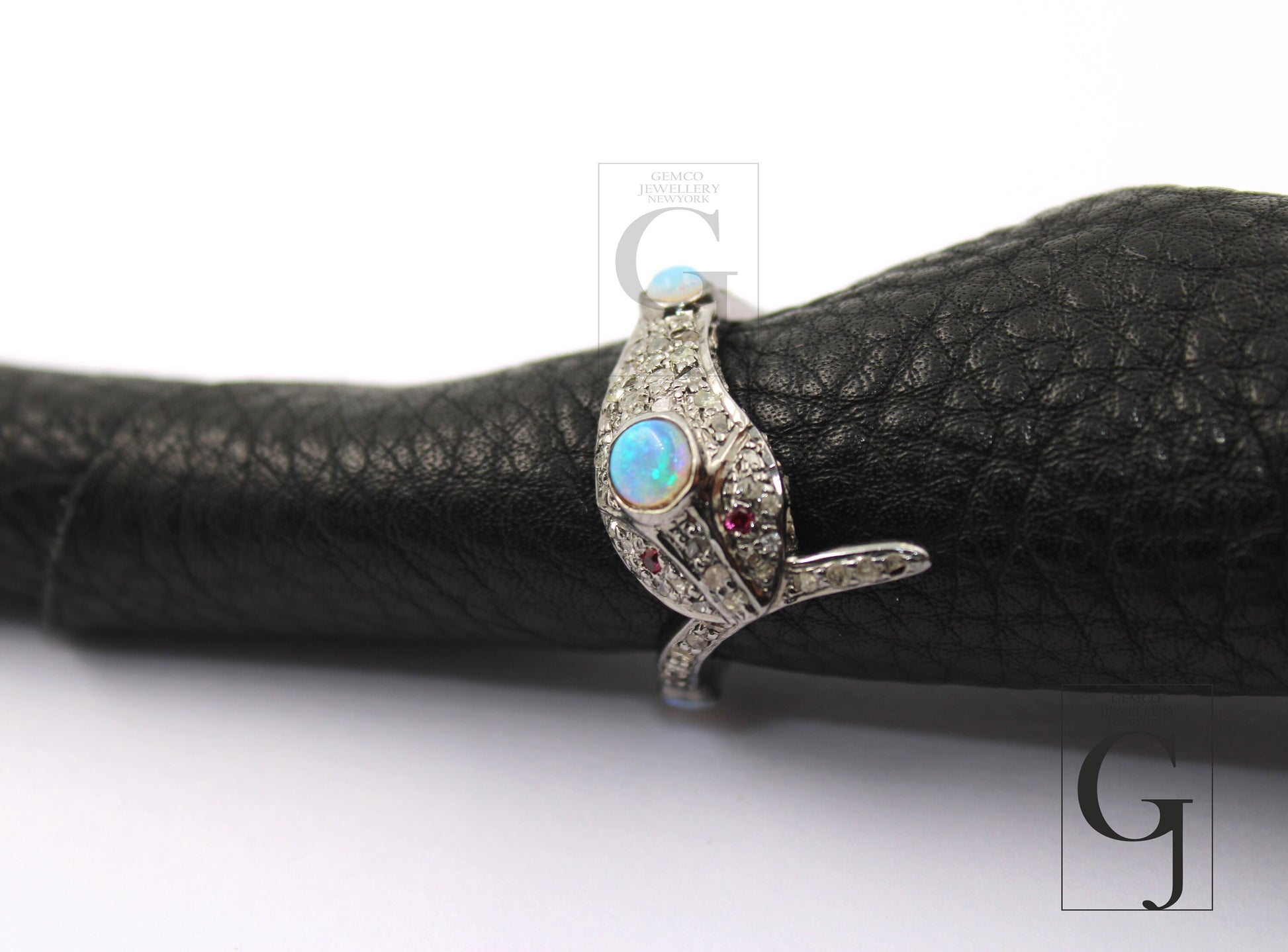 Snake Designer Ring, Opal Ring, Rosecut Pave Diamond Rings 925 Sterling Silver Handmade Silver Finish Diamond Ring