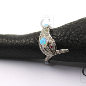 Snake Designer Ring, Opal Ring, Rosecut Pave Diamond Rings 925 Sterling Silver Handmade Silver Finish Diamond Ring