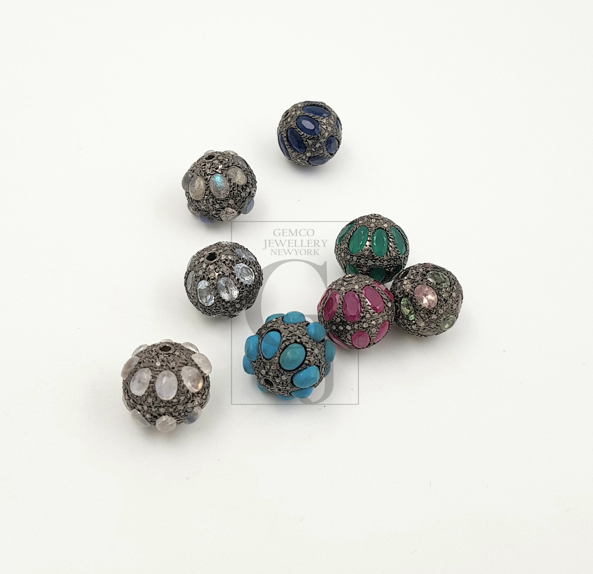 Pave Diamond Ball Bead /  Spacers Design Pave Diamond 925 Sterling Silver Handmade Jewelry Diamond Ruby/Emerald/Turquoise/Blue Topaz  12mm