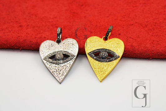 Heart shaped evil eye pendant designer  Rosecut pave diamond pendant 925 sterling silver handmade finish diamond jewelry necklace pendant