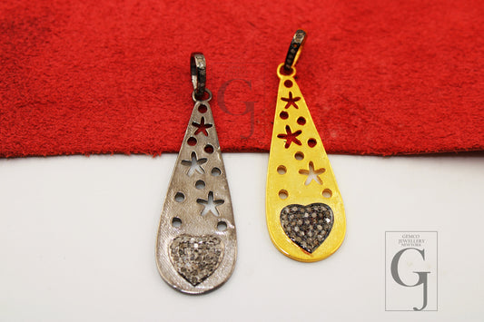 Teardrop heart love designer 14k gold Rosecut pave diamond pendant 925 sterling silver handmade finish diamond jewelry necklace pendant
