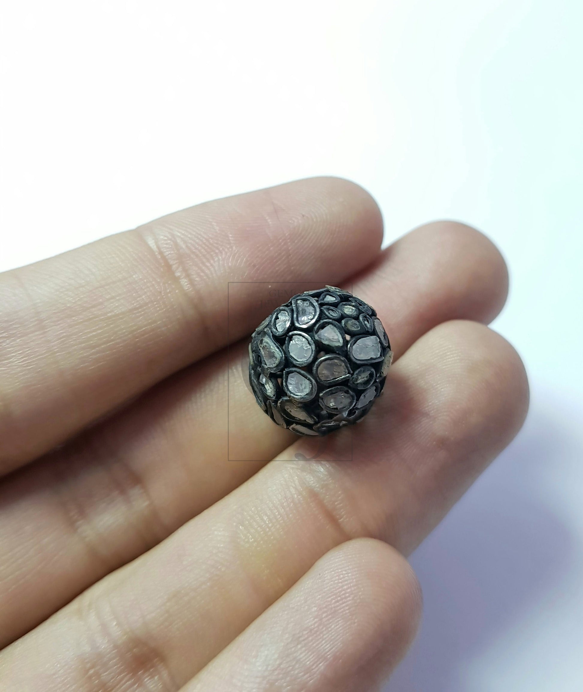 Flat Diamond Antique Look Polki Design Rosecut Pave Diamond Bead Spacers 925 Sterling Silver Handmade Silver Finish Diamond Bead 12mm Size