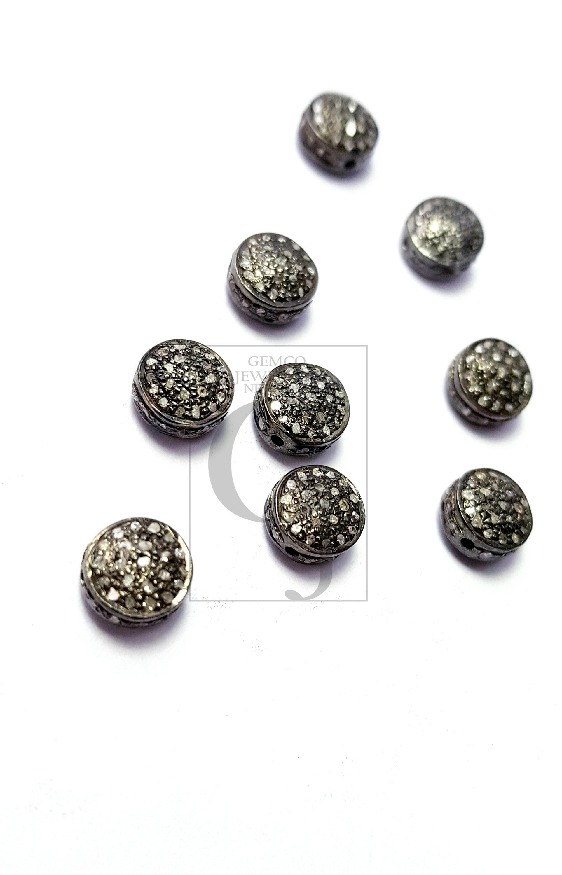 Coin Shaped Rosecut Pave Diamond Bead 925 Sterling Silver Handmade Silver Finish Diamond Bead