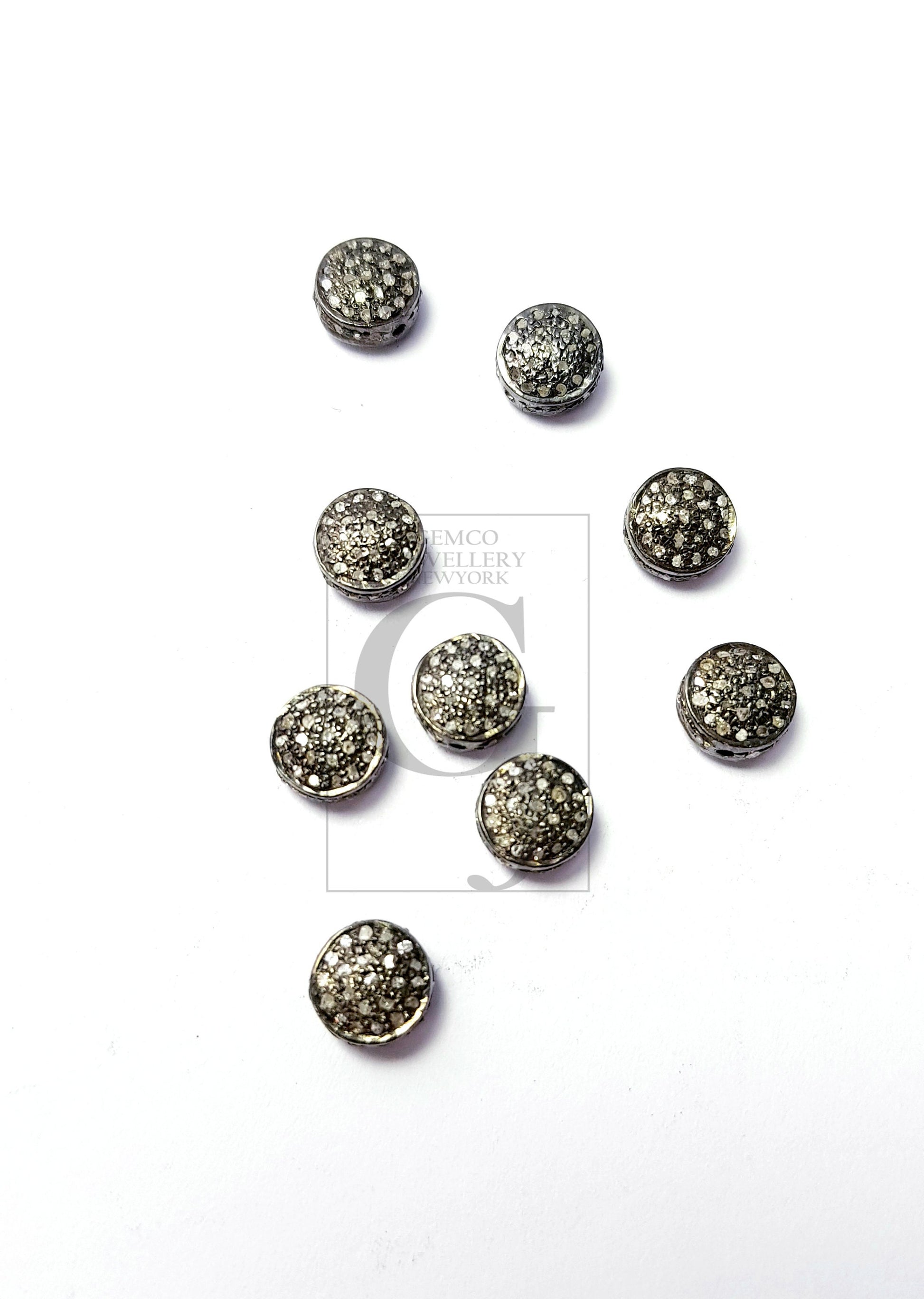 Coin Shaped Rosecut Pave Diamond Bead 925 Sterling Silver Handmade Silver Finish Diamond Bead