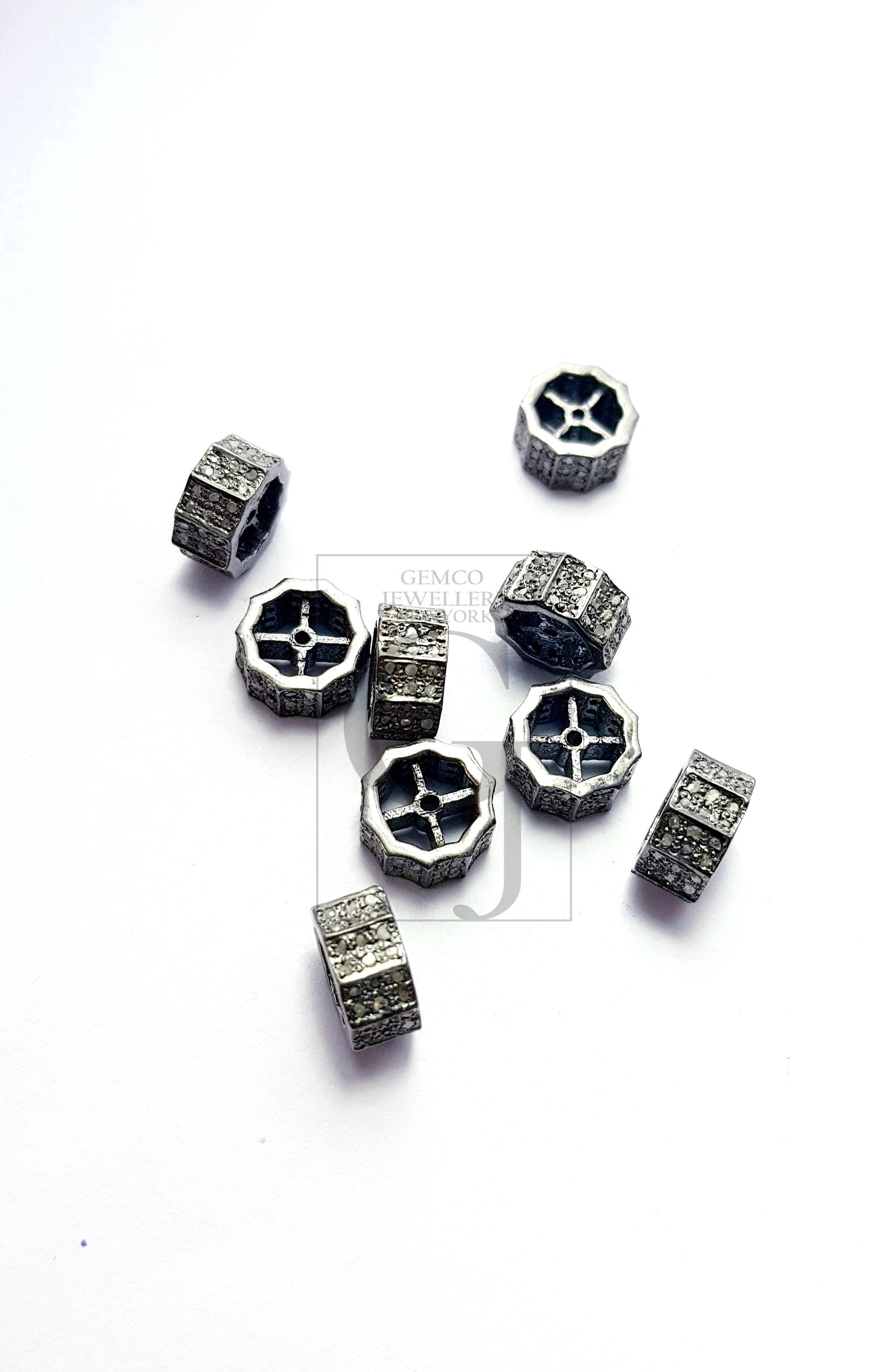 Rosecut Pave Diamond Beads Roundels 925 Sterling Silver Handmade Silver Finish Diamond Beads Roundels, Spacers Salt And Pepper Diamond Beads