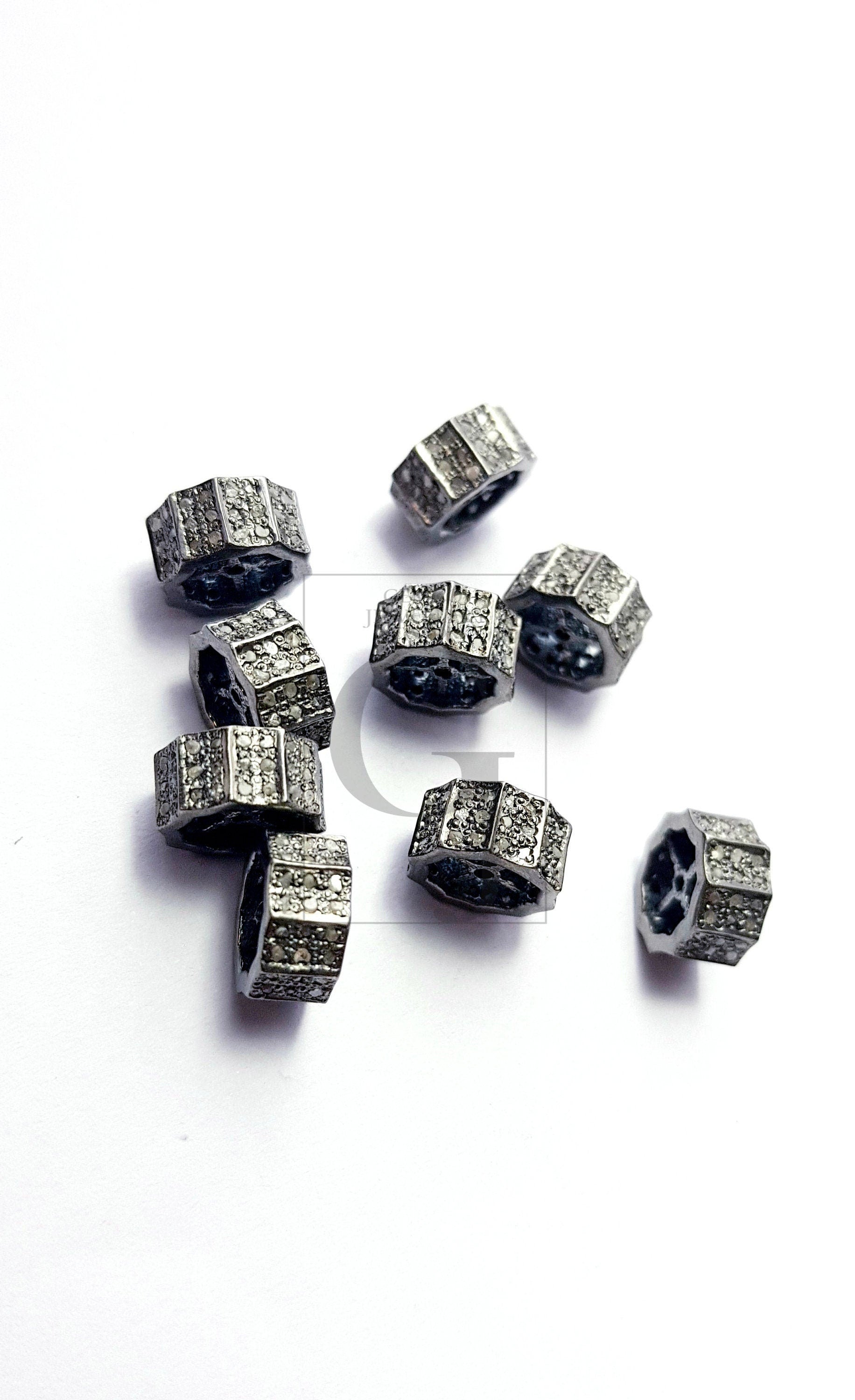 Rosecut Pave Diamond Beads Roundels 925 Sterling Silver Handmade Silver Finish Diamond Beads Roundels, Spacers Salt And Pepper Diamond Beads