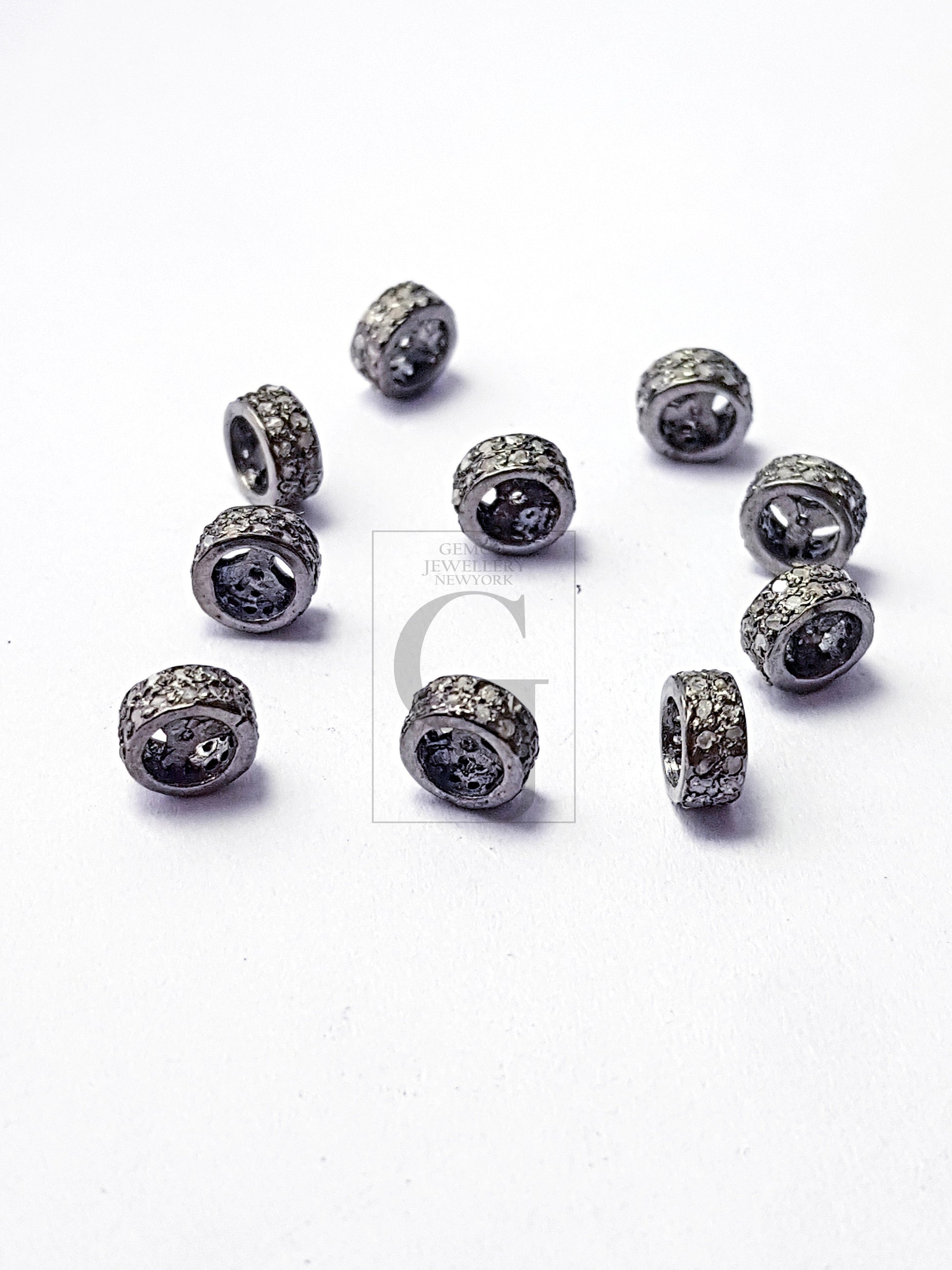 Roundel Bead Pave Rosecut Diamond 925 Sterling Silver Handmade, Rondelles Bead Double Diamond Line Design