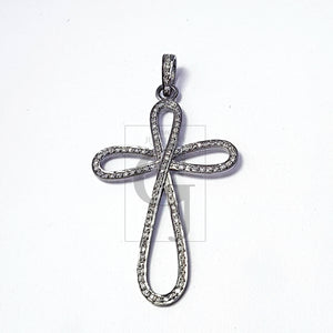 Pave diamond rosecut pendant 925 sterling silver pendant handmade diamond pendant beautiful cross shaped gray / black diamond pendant charm