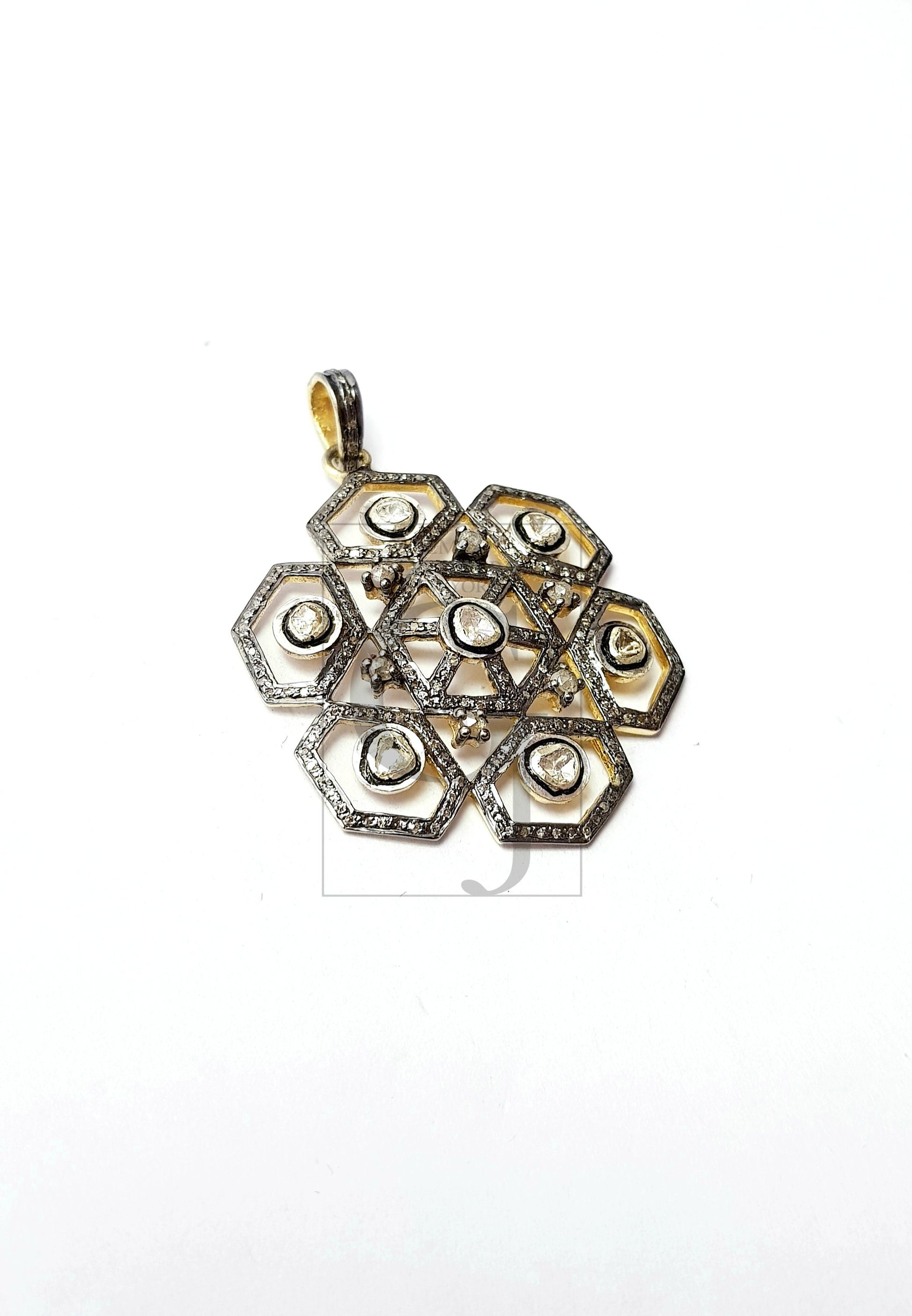 Beautiful Flower Designer Rosecut Pave Diamond Pendant 925 Sterling Silver Handmade Finish Flat Diamond Pendant Jewelry