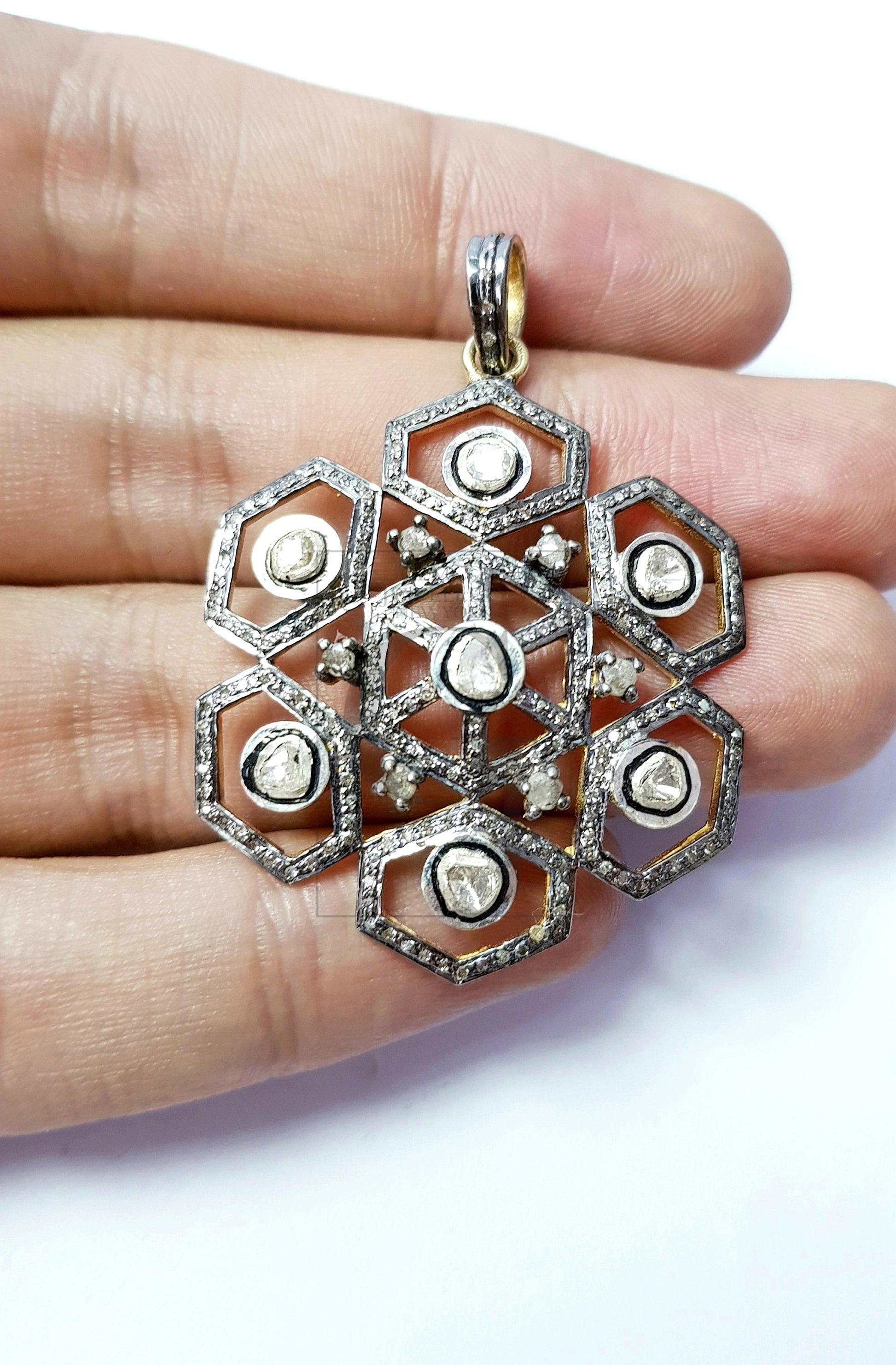 Beautiful Flower Designer Rosecut Pave Diamond Pendant 925 Sterling Silver Handmade Finish Flat Diamond Pendant Jewelry