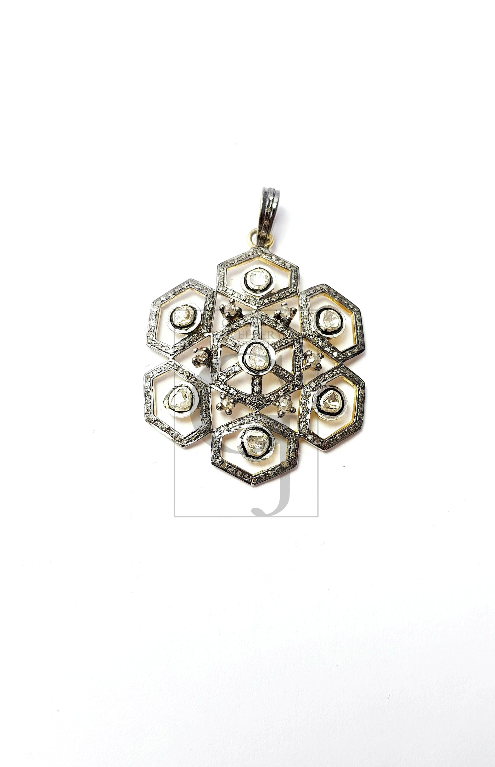 Beautiful Flower Designer Rosecut Pave Diamond Pendant 925 Sterling Silver Handmade Finish Flat Diamond Pendant Jewelry
