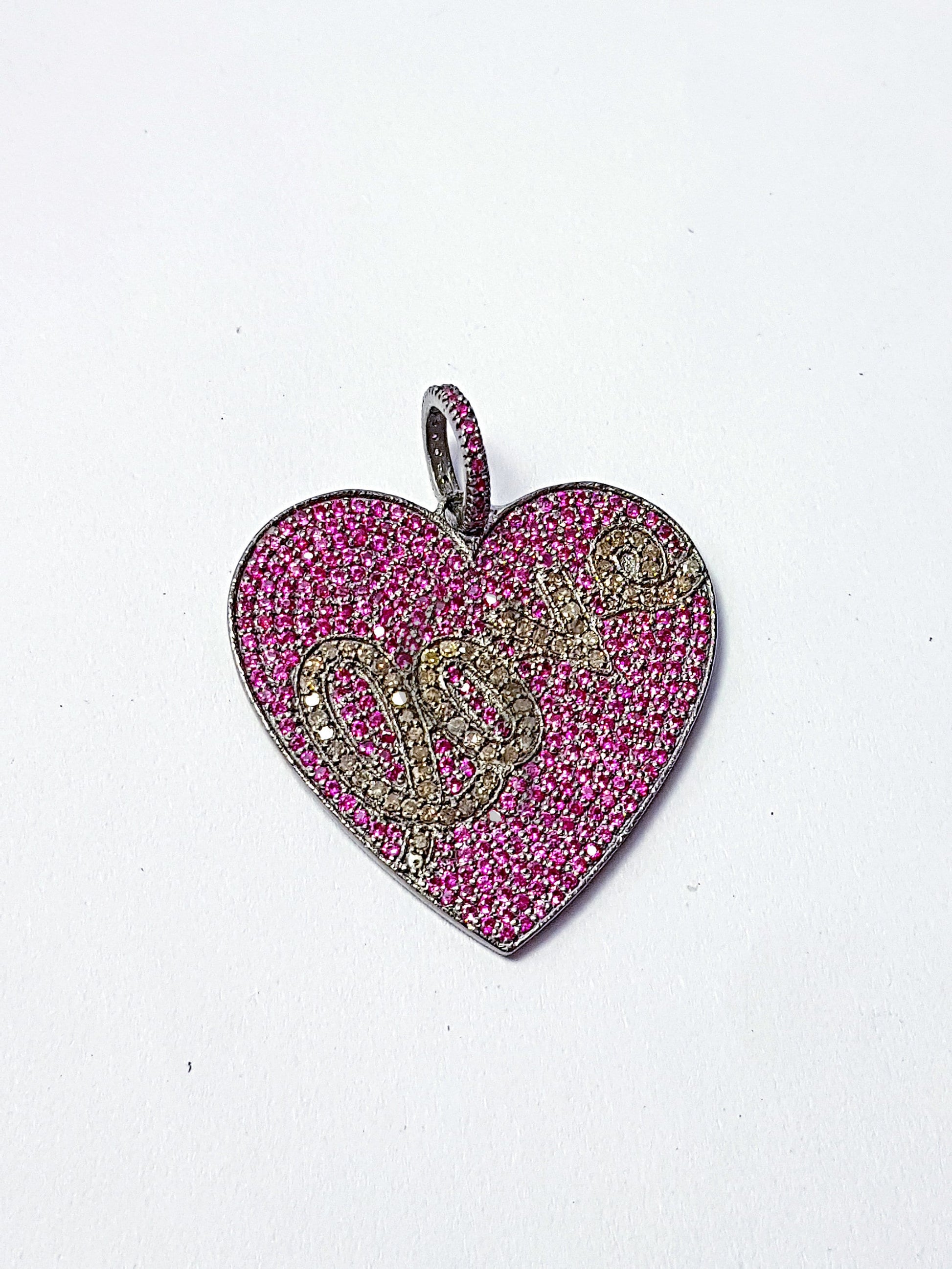 Beautiful Gift Heart Love Design Pink/Green/Purple Stone Pave Diamond Rosecut Pendant 925 Sterling Silver Handmade Diamond Pendant