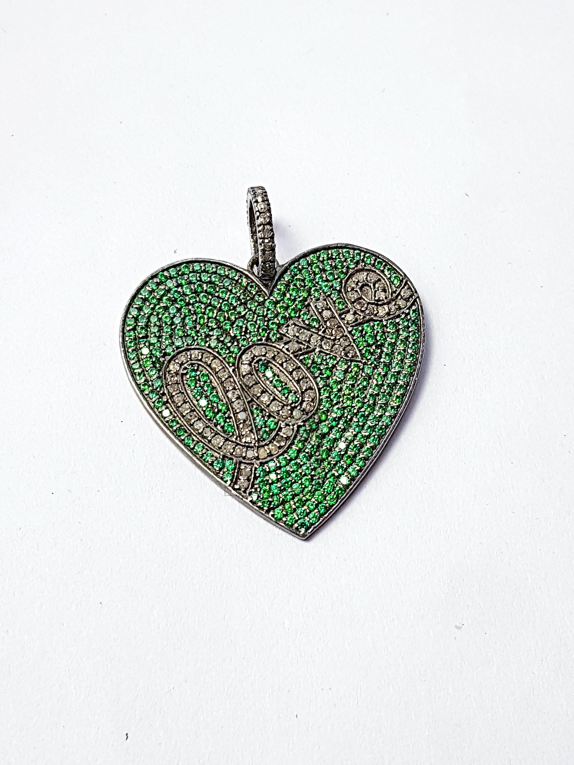 Beautiful Gift Heart Love Design Pink/Green/Purple Stone Pave Diamond Rosecut Pendant 925 Sterling Silver Handmade Diamond Pendant