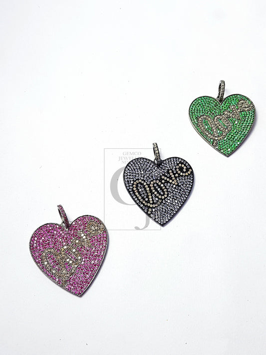 Beautiful Gift Heart Love Design Pink/Green/Purple Stone Pave Diamond Rosecut Pendant 925 Sterling Silver Handmade Diamond Pendant