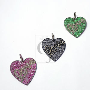 Beautiful Gift Heart Love Design Pink/Green/Purple Stone Pave Diamond Rosecut Pendant 925 Sterling Silver Handmade Diamond Pendant