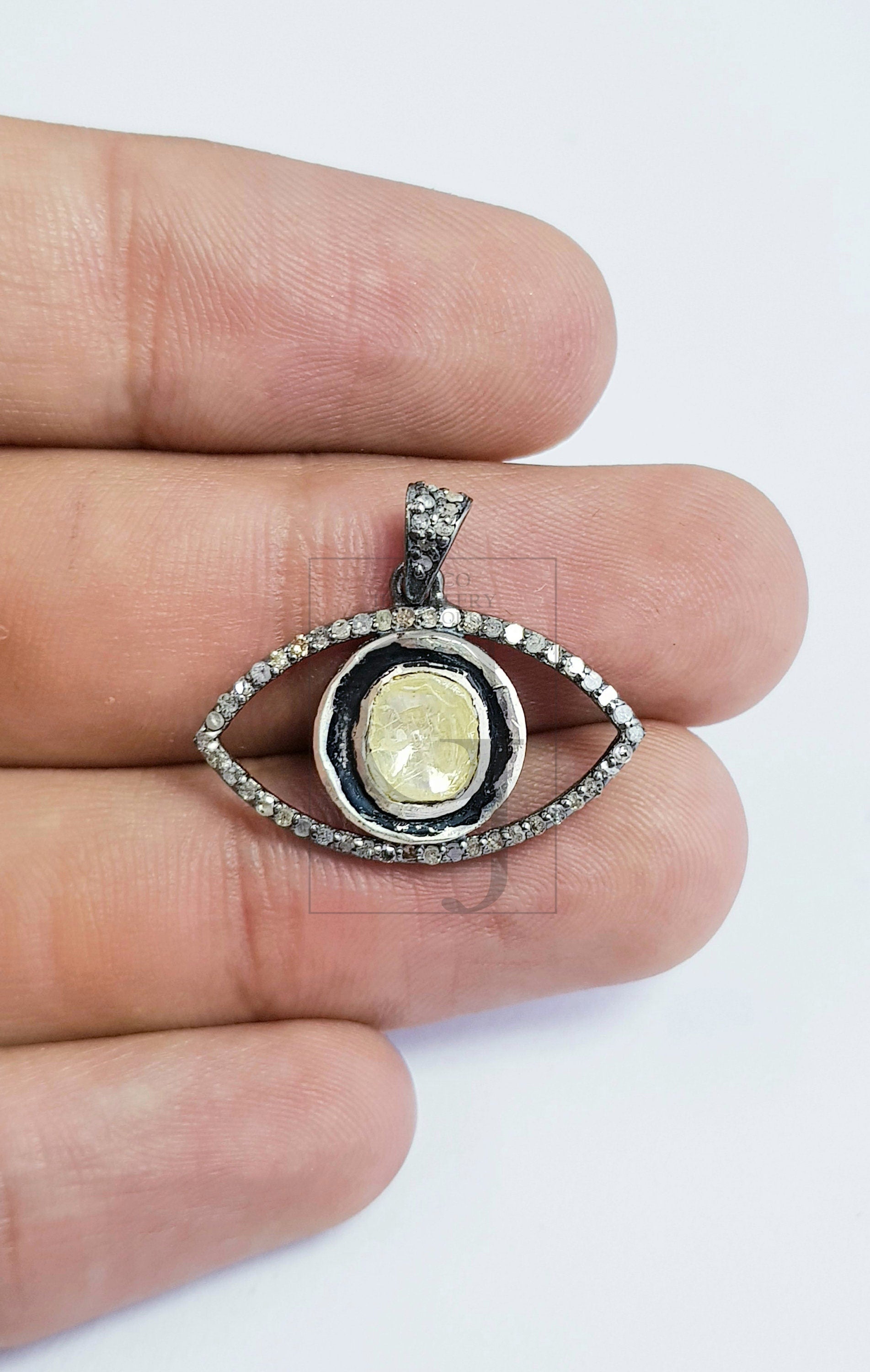 Evil eye design flat diamond style Rosecut pave diamond pendant 925 sterling silver handmade finish polki diamond pendant jewelry