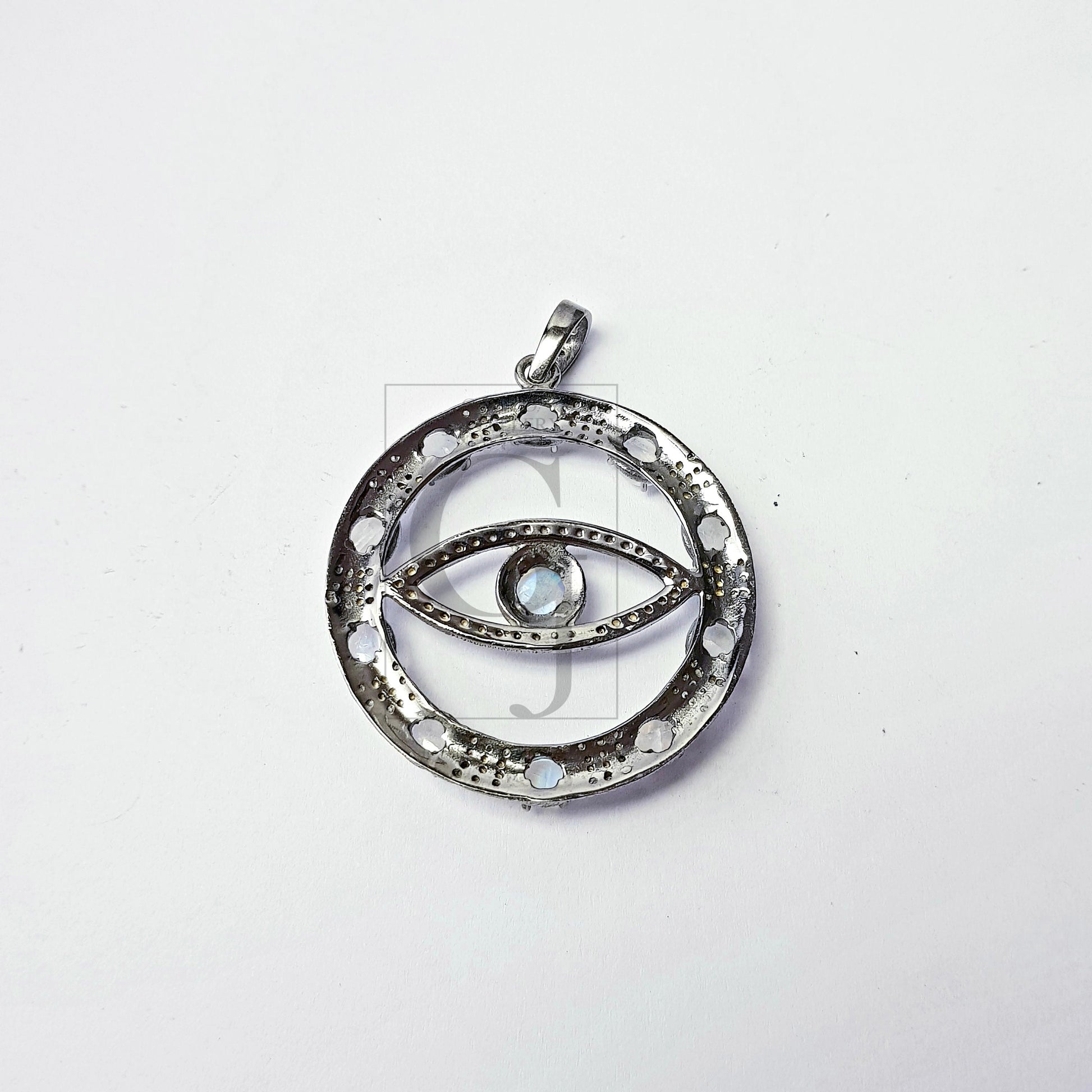 Round oxidized  evil eye design  Rose cut pave diamond pendant 925 sterling silver handmade finish diamond color stone jewelry supplies